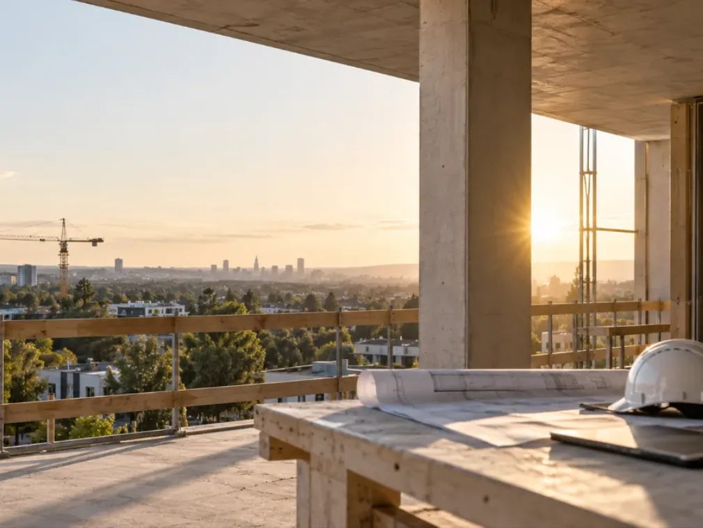 Blick von einer Rohbau-Etage über das Rhein-Main-Gebiet mit Bauplänen und Helm im Vordergrund